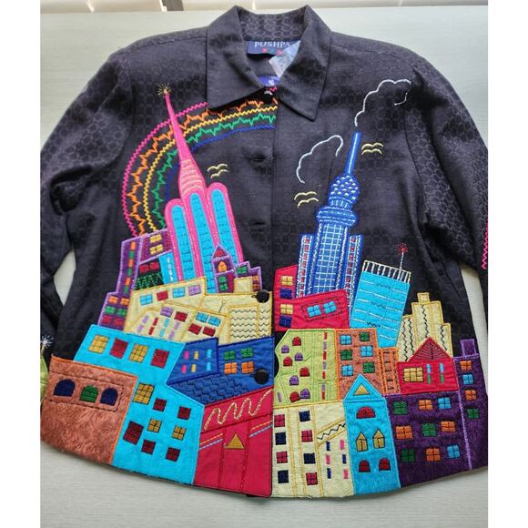 JACKET/TOP-PUSHPA-CITY SCAPE-Black-Bright-Metallic-Appliques-Light Weight-SIZE S - Picture 7 of 16